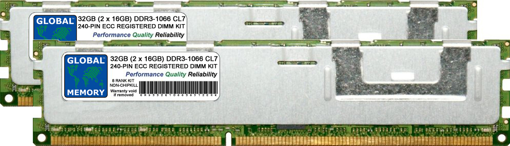 32GB (2 x 16GB) DDR3 1066MHz PC3-8500 240-PIN ECC REGISTERED DIMM (RDIMM) MEMORY RAM KIT FOR SERVERS/WORKSTATIONS/MOTHERBOARDS (8 RANK KIT NON-CHIPKILL)